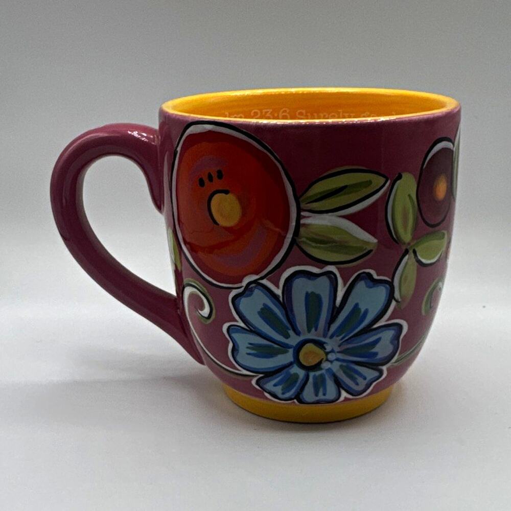 Colorful Hand-Painted Mexican Pottery Fruit & Floral Design Coffee Mug Cup